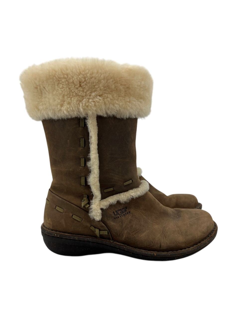 UGG Womens‎ 9 Boots Elijo Brown Leather Cuff Lined Sheepskin Faux Fur Shearling